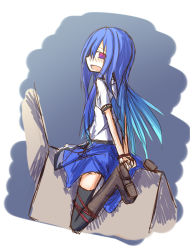 Rule 34 | 1girl, bdsm, black thighhighs, blue hair, blush, bondage, boots, bound, bound wrists, frogtie, hinanawi tenshi, ichiyan, long hair, multicolored eyes, skirt, solo, thighhighs, touhou, wooden horse