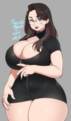 Rule 34 | 1girl, agawa ryou, artist name, atsuko-sensei, black dress, breast cutout, breasts, brown eyes, brown hair, bursting breasts, cleavage, commentary, cowboy shot, dated, dress, english commentary, glasses, grey background, hair over one eye, hand on leg, huge breasts, long hair, microdress, numbered, original, pencil dress, red lips, short sleeves, simple background, skindentation, solo, swept bangs, thick thighs, thighs, zipper