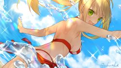 Rule 34 | 1girl, akamakoto, ass, back, bad id, bad pixiv id, bare shoulders, bikini, blonde hair, blue sky, breasts, criss-cross halter, day, earrings, fate/grand order, fate (series), green eyes, hair between eyes, halterneck, jewelry, large breasts, long hair, looking at viewer, looking back, nero claudius (fate), nero claudius (fate) (all), nero claudius (swimsuit caster) (fate), open mouth, red bikini, side-tie bikini bottom, sky, smile, solo, splashing, striped bikini, striped clothes, swimsuit, twintails, water