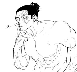 Rule 34 | 1boy, abs, bara, black hair, blowing kiss, greyscale, heart, highres, jujutsu kaisen, large pectorals, leaning forward, looking at viewer, male focus, monochrome, muscular, muscular male, navel, nipples, nude, one eye closed, pectorals, poopvirus, sanpaku, scar, scar across eye, short hair, sideburns, solo, stomach, thick eyebrows, toudou aoi (jujutsu kaisen), upper body, v-taper, veins, veiny arms