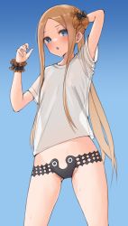Rule 34 | 1girl, abigail williams (fate), abigail williams (swimsuit foreigner) (first ascension) (fate), black bow, blonde hair, blue eyes, blush, bow, breasts, fate/grand order, fate (series), forehead, groin, hair bow, kopaka (karda nui), long hair, looking at viewer, multiple hair bows, open mouth, orange bow, parted bangs, scrunchie, solo, wet