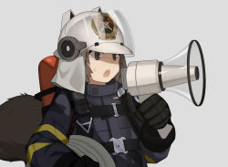 Rule 34 | 1girl, arknights, black gloves, brown eyes, brown hair, cero (last2stage), female focus, firefighter jacket, firefighter, gloves, grey background, helmet, highres, jacket, megaphone, open mouth, shaw (arknights), simple background, solo, squirrel tail, sweatdrop, tail, teeth