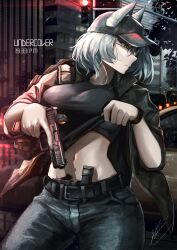 1girl absurdres animal_ears arktic baseball_cap black_shirt car cat_ears city clothes_lift concealed_weapon denim ears_through_headwear english_text green_eyes gun handgun hat highres holding holding_gun holding_weapon holster jacket jeans lifting_own_clothes looking_to_the_side midriff motor_vehicle original pants road scope shirt shirt_lift signature solo street traffic_light weapon white_hair