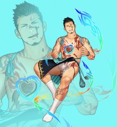 Rule 34 | 1boy, :q, abs, arm tattoo, bara, beard, black hair, bulge, candy, chest tattoo, chocolate, chocolate heart, chocolate on body, chocolate on face, chocolate on pectorals, facial hair, facial tattoo, floating, food, food on face, green eyes, gyee, heart, itto (mentaiko), leg tattoo, magic, male focus, mature male, muscular, muscular male, navel, nipples, pectorals, priapus, priapus a. tarou, red pupils, short hair, socks, solo, spiked hair, stomach, stomach tattoo, stubble, tattoo, thick thighs, thighs, tongue, tongue out, topless male, whisk
