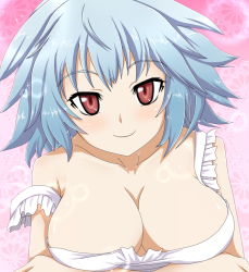 Rule 34 | 10s, 1girl, blue hair, blush, breast hold, breasts, cleavage, downblouse, face, highres, infinite stratos, large breasts, looking at viewer, nitoro-star, red eyes, sarashiki tatenashi, short hair, smile, solo, sparkle, strap slip