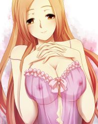 Rule 34 | 1girl, 57 (lme piggy117), bleach, blush, breasts squeezed together, breasts, brown eyes, camisole, covered erect nipples, inoue orihime, interlocked fingers, large breasts, lingerie, long hair, nipples, orange hair, see-through, smile, solo, underwear