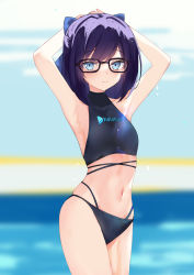 Rule 34 | 1girl, a-chan (hololive), armpits, arms behind head, arms up, blue bow, blue eyes, bow, closed mouth, collarbone, flat chest, glasses, hair bow, highres, hololive, looking at viewer, navel, outdoors, pool, purple hair, rectangular eyewear, rifufu, short hair, smile, solo, stomach, swept bangs, virtual youtuber, wet