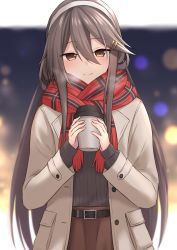 Rule 34 | 1girl, akahi242, belt, belt buckle, black belt, black hair, black sweater, blush, brown eyes, brown skirt, buckle, buttons, closed mouth, coat, coffee cup, cup, disposable cup, fringe trim, hair between eyes, hair ornament, hairband, hairclip, haruna (kancolle), highres, holding, holding cup, kantai collection, long hair, long sleeves, open clothes, open coat, plaid, plaid scarf, red scarf, scarf, skirt, smile, solo, sweater, upper body, white coat, white hairband
