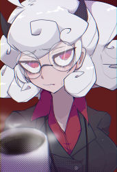 Rule 34 | 1girl, absurdres, ahoge, black-framed eyewear, breasts, closed mouth, coffee, coffee mug, collared shirt, cup, demon girl, demon horns, embarrassed, glasses, helltaker, highres, holding, holding cup, horns, jhintoxlc, lanyard, large breasts, looking at viewer, messy hair, mug, pandemonica (helltaker), red eyes, red shirt, round eyewear, shirt, short hair, short ponytail, solo, sweatdrop, upper body, white hair