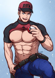 Rule 34 | 1boy, abs, absurdres, bara, belt, belt bag, blue background, blue eyes, brown hair, clothes lift, clothes pull, courier (pokemon), creatures (company), denim, game freak, hat, highres, jeans, kuroshinki, large pectorals, looking at viewer, male focus, manly, mature male, muscular, muscular male, nintendo, nipples, open mouth, pants, pants pull, pectorals, poke ball, pokemon, pokemon sv, shirt, shirt lift, short hair, signature, simple background, smile, solo, teeth, thick arms, thick eyebrows, thick thighs, thighs, tight clothes, tongue, veins, veiny arms
