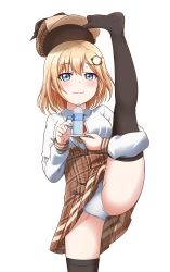 Rule 34 | 1girl, absurdres, black thighhighs, blonde hair, blue eyes, blush, bottle, breasts, closed mouth, hair ornament, highres, holding, holding bottle, hololive, hololive english, jan azure, large breasts, leg up, long sleeves, looking at viewer, necktie, panties, red necktie, short hair, skirt, smile, smug, solo, split, standing, standing on one leg, standing split, thighhighs, underwear, virtual youtuber, water bottle, watson amelia, white panties
