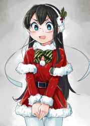 Rule 34 | 1girl, black hair, blue eyes, bow, bowtie, christmas, dress, flying sweatdrops, fur-trimmed dress, fur trim, glasses, green bow, grey background, hair ornament, highres, holly hair ornament, kantai collection, long hair, long sleeves, mizoki kei, official alternate costume, ooyodo (kancolle), pantyhose, red dress, santa costume, simple background, solo, striped, striped bow, sweat, white pantyhose