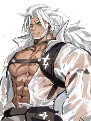 Rule 34 | 1boy, abs, alchemy stars, bara, beard, chest strap, chinese commentary, christory yyb, commentary request, facial hair, gram (alchemy stars), highres, male focus, official alternate costume, pectorals, shirt, thick eyebrows, white background, white hair, white shirt, yellow eyes