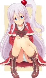 Rule 34 | 1girl, ass, blue eyes, blush, boots, capelet, commentary request, cross-laced footwear, dress, full body, hair bobbles, hair ornament, knees together feet apart, kuresento, lace-up boots, long hair, long sleeves, looking at viewer, one side up, panties, pantyshot, red dress, ribbon, shinki (touhou), silver hair, sitting, smile, solo, touhou, touhou (pc-98), turtleneck, underwear, very long hair, white panties, wide sleeves