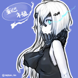 Rule 34 | 10s, 1girl, absurdres, abyssal ship, ascot, asymmetrical hair, bare shoulders, blue eyes, character name, colored skin, highres, kantai collection, long hair, ne-class heavy cruiser, notchi, profile, solo, twitter username, white hair, white skin