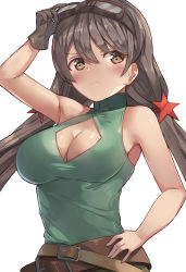 Rule 34 | 1girl, arm up, bare shoulders, belt, belt buckle, blush, breasts, brown belt, brown eyes, brown hair, buckle, center opening, cleavage, closed mouth, girls&#039; frontline, gloves, goggles, goggles on head, green shirt, hair between eyes, hand on own hip, highres, looking at viewer, low twintails, medium breasts, motokonut, shirt, simple background, single glove, sleeveless, sleeveless shirt, solo, twintails, type 56-1 (girls&#039; frontline), white background