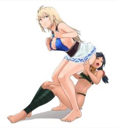 Rule 34 | 2girls, ass, blonde hair, braid, breasts, cleavage, domination, dress, face in ass, femdom, hip attack, humiliation, large breasts, long hair, midriff, multiple girls, naughty face, open mouth, panties, pantyshot, skirt, smile, smug, sophitia alexandra, soul calibur, soulcalibur, soulcalibur iv, talim, underwear, very long hair