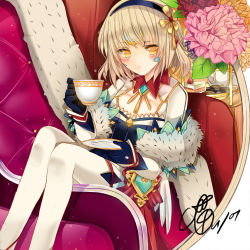 Rule 34 | 1girl, alternate costume, bad id, bad pixiv id, cake, checkerboard cookie, cookie, cup, elsword, eve (elsword), flower, food, forehead jewel, gloves, hairband, nairofu, oao, pantyhose, plate, red upholstery, sitting, solo, teacup, teapot, white pantyhose