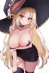 Rule 34 | 1girl, absurdres, areola slip, arm under breasts, bare shoulders, black choker, black dress, black hat, black thighhighs, blonde hair, blunt tresses, blush, breasts, chirang, choker, cleavage, collarbone, commission, cowboy shot, dress, elf, eyes visible through hair, grabbing own arm, hand on thigh, hat, highres, large breasts, long hair, original, pointy ears, red eyes, second-party source, simple background, smile, solo, strapless, strapless dress, thighhighs, white background, witch hat, zettai ryouiki