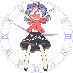Rule 34 | 1girl, bad id, bad pixiv id, blue hair, chibi, clock, expressive clothes, fang, female focus, hat, jiangshi, miyako hito, miyako yoshika, ofuda, open mouth, outstretched arms, pale skin, short hair, skirt, smile, solo, standing, star (symbol), touhou, zombie pose, | |