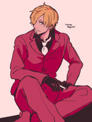 Rule 34 | 1boy, black gloves, black shirt, blonde hair, cigarette, commentary request, crossed legs, curly eyebrows, curly hair, facial hair, formal, gloves, goatee, hair over one eye, hatch (8cco), looking at viewer, male focus, necktie, one piece, pants, red pants, red suit, sanji (one piece), shirt, short hair, simple background, sitting, smile, solo, suit, white necktie