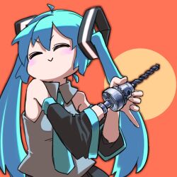 Rule 34 | 1girl, :&gt;, ^ ^, ahoge, android, black sleeves, blue hair, blue necktie, blush, chilei ohtzu, closed eyes, closed mouth, collared shirt, commentary, detached sleeves, drill bit, facing to the side, grey shirt, hair ornament, hatsune miku, highres, holding tool, long hair, mechanical arms, necktie, orange background, parody, pokemon, power drill, project voltage, prosthetic tool, shirt, sleeveless, sleeveless shirt, smile, solo, twintails, two-tone background, v-shaped eyebrows, vocaloid