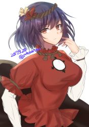 Rule 34 | 1girl, black skirt, breasts, closed mouth, dated, dress, hair between eyes, hair ornament, hand up, highres, large breasts, layered sleeves, long sleeves, looking at viewer, puffy short sleeves, puffy sleeves, purple hair, red dress, red eyes, short hair, short over long sleeves, short sleeves, simple background, skirt, solo, tanaji, touhou, twitter username, upper body, white background, yasaka kanako