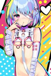 Rule 34 | 1girl, abstract background, absurdres, ball gag, bare shoulders, blue hair, colored inner hair, crop top, detached sleeves, dohna dohna issho ni warui koto o shiyou, eyepatch, flat chest, gag, hair ornament, heart, heart hair ornament, highres, looking at viewer, multicolored hair, multiple straps, onabe no shime, pink eyes, pink hair, porno (dohna dohna), revealing clothes, short hair, solo, strap, suggestive fluid, two-tone hair, upper body, wiffle gag