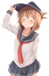 Rule 34 | 10s, 1girl, adjusting clothes, adjusting headwear, anchor symbol, blush, brown hair, child, closed eyes, flat cap, folded ponytail, hat, highres, inazuma (kancolle), kantai collection, long hair, maosame, neckerchief, pleated skirt, school uniform, serafuku, simple background, skirt, smile, solo, white background