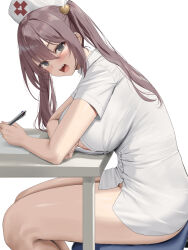 Rule 34 | 1girl, blush, breasts, brown hair, desk, dress, from side, grey eyes, hat, highres, holding, large breasts, long hair, looking at viewer, nurse, nurse cap, oekakizuki, open mouth, original, pen, short dress, short sleeves, sidelocks, simple background, sitting, solo, thighs, twintails, white background, white dress, white hat
