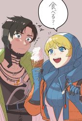 Rule 34 | 1boy, 1girl, animification, apex legends, black eyes, black hair, black shirt, blonde hair, blouse, blue eyes, blue gloves, blue headwear, bodysuit, breasts, cha men koi, collarbone, crypto (apex legends), food, gloves, grey vest, highres, holding, holding spoon, hood, hooded bodysuit, ice cream, jacket, jewelry, medium breasts, necklace, open mouth, ribbed bodysuit, shirt, smile, speech bubble, spoon, translation request, vest, wattson (apex legends), white jacket