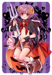 Rule 34 | 1boy, bandages, bell, blush, boots, bow, rabbit, cape, demon boy, demon wings, full body, halloween, horns, jack-o&#039;-lantern, male focus, open mouth, original, polearm, pumpkin, purple hair, red eyes, short hair, shorts, solo, tail, touya (angelically), trident, weapon, wings