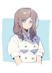 Rule 34 | 1girl, alternate hairstyle, bang dream!, bang dream! it&#039;s mygo!!!!!, blue background, blue eyes, brown hair, closed mouth, collared shirt, commentary, expressionless, hashtag-only commentary, highres, long hair, looking at viewer, mnyfn7, nagasaki soyo, school uniform, shirt, solo, tsukinomori school uniform, twintails, two-tone background, upper body, white background, white shirt