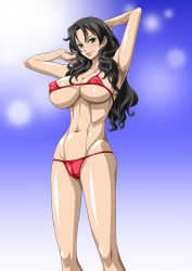Rule 34 | 1girl, abs, alvida (one piece), armpits, arms up, bare arms, bare legs, bare shoulders, bikini, black hair, blush, breasts, cleavage, closed mouth, covered erect nipples, gradient background, green eyes, groin, highres, large breasts, legs, lips, lipstick, long hair, looking at viewer, makeup, micro bikini, navel, nel-zel formula, one piece, red bikini, red lips, shiny skin, simple background, smile, solo, standing, swimsuit, thighs, thong, toned