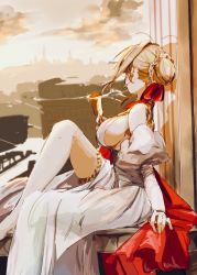 Rule 34 | 10s, 1girl, ahoge, bad id, bad twitter id, barefoot, blonde hair, braid, braided bun, breasts, crown braid, cup, detached sleeves, dress, drinking glass, earrings, facing away, fate/extra, fate (series), from side, hair bun, hair ribbon, highres, imperium romanum, jewelry, large breasts, looking afar, looking away, nero claudius (fate), nero claudius (fate) (all), nero claudius (fate/extra), nero claudius (formal dress) (fate), official alternate costume, ribbon, roman emperor, roman empire, rome (city), sideboob, single hair bun, sitting, sketch, solo, spqr, white dress, wine glass, yama (ymmm 66)