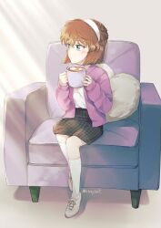 Rule 34 | 1girl, alternate costume, armchair, astrayin, blush, chair, cup, food, full body, haibara ai, hairband, heart, heart-shaped pillow, highres, holding, holding cup, indoors, jacket, kneehighs, marshmallow, meitantei conan, open clothes, open jacket, pillow, pink jacket, plaid, plaid skirt, shirt, shirt tucked in, shoes, sitting, skirt, socks, solo, white hairband, white shirt, white socks