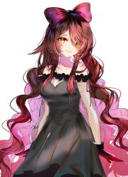Rule 34 | 1girl, alternate costume, black dress, black gloves, bow, breasts, brown hair, cleavage, colored inner hair, dress, gloves, hair bow, highres, hololive, long hair, looking at viewer, medium breasts, multicolored hair, pink bow, pink hair, red gloves, roboco-san, roboco-san (night dress), sleeveless, sleeveless dress, smile, solo, sowon, transparent background, two-sided gloves, very long hair, virtual youtuber, yellow eyes