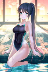 Rule 34 | 1girl, absurdres, aqua eyes, bare arms, bare legs, bare shoulders, barefoot, blue hair, blurry, blurry background, blush, breasts, cleavage, closed mouth, collarbone, competition swimsuit, covered navel, depth of field, foka (beginner), gradient hair, groin, highres, impossible clothes, impossible swimsuit, indoors, large breasts, long hair, looking at viewer, multicolored hair, one-piece swimsuit, original, ponytail, pool, sidelocks, sitting, solo, swimsuit, thighs, tile floor, tiles, very long hair, water, wet