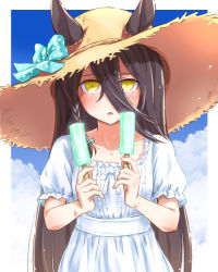 Rule 34 | 1girl, alternate costume, animal ears, black hair, blush, bow, cloud, collarbone, double popsicle, dress, ears through headwear, food, green bow, hair between eyes, hands up, hat, highres, holding, holding food, horse ears, looking at viewer, manhattan cafe (umamusume), open mouth, popsicle, punto, short sleeves, solo, straw hat, umamusume, upper body, white dress, yellow eyes