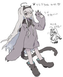 Rule 34 | 1boy, 1girl, animal ear hairband, animal ears, black eyes, black footwear, black neckerchief, boots, cat ear hairband, cat ears, character request, chibi, chibi inset, closed mouth, commentary request, expressionless, fake animal ears, fake tail, full body, grey hair, grey shirt, hairband, hand up, long hair, long sleeves, looking at viewer, namae shirezu, namoku (namottttt), neckerchief, no pants, one eye closed, partially colored, paw sleeves, shirt, simple background, solo focus, stitched eye, tail, translation request, utau, very long hair, white background