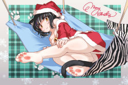 Rule 34 | 1girl, animal ears, ass, black hair, blush, cat ears, cat girl, cat tail, christmas, feet, hammock, hand on leg, highres, looking at viewer, off shoulder, panties, panties under pantyhose, pantyhose, santa costume, see-through, see-through legwear, soles, tail, toes, underwear, yellow eyes