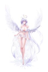 Rule 34 | 1girl, absurdres, ahoge, angel, bare shoulders, bikini, breasts, cleavage, detached sleeves, dora (garyeong), earrings, feathered wings, flower, full body, hair between eyes, hair flower, hair intakes, hair ornament, halo, high heels, highres, holding, holding towel, jewelry, large breasts, legs together, long hair, looking at viewer, low ponytail, navel, open mouth, original, purple eyes, red lips, sandals, short sleeves, sidelocks, simple background, solo, stomach, swimsuit, teeth, thick thighs, thigh gap, thighs, towel, very long hair, white background, white bikini, white footwear, white hair, white sleeves, white towel, white wings, wings