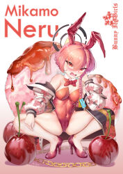 Rule 34 | 1girl, absurdres, ahoge, animal ears, asymmetrical bangs, asymmetrical hair, bare legs, blue archive, bow, bowtie, braid, cameltoe, character name, cherry, cleft of venus, covered navel, detached collar, fake animal ears, food, fruit, full body, halo, high heels, highleg, highleg leotard, highres, huge ahoge, ice cream, jacket, leotard, looking at viewer, mole, mole under each eye, mole under eye, multiple moles, neru (blue archive), neru (bunny) (blue archive), orange hair, oversized breast cup, oversized object, playboy bunny, print jacket, rabbit ears, red bow, red bowtie, red eyes, red footwear, red leotard, single braid, solo, squatting, strapless, strapless leotard, sukajan, tag, traditional bowtie, white background, xg epee