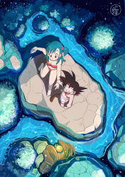 Rule 34 | 1boy, 1girl, barefoot, bikini, black eyes, black hair, blue eyes, blue hair, boxers, breasts, bulma, bush, caustics, cleavage, dot nose, dragon ball, dragon ball (classic), dragon ball (object), dragon radar, excited, expressionless, eyelashes, fingernails, from above, glowing, hair bobbles, hair ornament, happy, highres, holding, holding another&#039;s wrist, index finger raised, light blush, light particles, looking afar, male underwear, medium breasts, monkey tail, navel, norita (6110885), ruyi jingu bang, parted lips, pointing, rock, side ponytail, signature, son goku, sparkle, spiked hair, surprised, swimsuit, tail, topless male, underwear, underwear only, water, wide shot