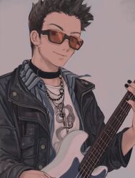 Rule 34 | 1boy, black hair, black nails, choker, commentary, earrings, english commentary, guitar, hunter x hunter, ik18166181ik, instrument, jacket, jewelry, leather, leather jacket, leorio paladiknight, looking at viewer, male focus, simple background, solo, sunglasses, upper body