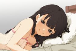 1girl breasts brown_eyes brown_hair camisole closed_mouth eyebrows_hidden_by_hair hair_between_eyes highres light_blush long_hair looking_at_viewer lying make_heroine_ga_oo_sugiru! nukumizu_kaju on_bed on_side pillow salacia014 small_breasts smile solo upper_body very_long_hair white_camisole