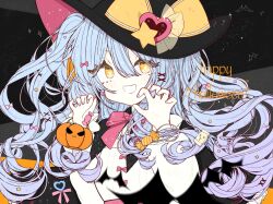 Rule 34 | 1girl, black hat, blue hair, blush, bow, bowtie, claw pose, happy halloween, hat, hat ornament, heart, heart hat ornament, lobotomy corporation, long hair, looking at viewer, open mouth, pink bow, pink bowtie, project moon, queen of hatred, relele, smile, solo, two side up, very long hair, witch hat, yellow eyes