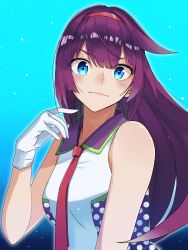 Rule 34 | 1girl, absurdres, alt text, alternate costume, blouse, blue background, blue eyes, blush, breasts, closed mouth, collar, commentary request, gloves, gradient background, gradient hair, hairband, hand up, highres, kaikistride, long hair, looking at viewer, medium breasts, monogatari (series), multicolored hair, necktie, purple collar, purple hair, red hairband, red necktie, senjougahara hitagi, shadow, shiny skin, shirt, sidelocks, sleeveless, sleeveless shirt, solo, star (sky), upper body, white gloves, white hair