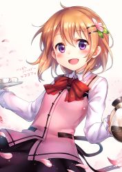 Rule 34 | 1girl, :d, bow, brown hair, coffee cup, cup, disposable cup, flower, gochuumon wa usagi desu ka?, hair flower, hair ornament, hairclip, highres, hoto cocoa, ks (xephyrks), long sleeves, looking at viewer, open mouth, petals, purple eyes, rabbit house uniform, shirt, skirt, smile, solo, tray, upper body, vest