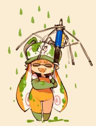 Rule 34 | boots, commentary, full body, green hat, hat, inkling, inkling girl, inkling player character, mota, rubber boots, salmon run (splatoon), simple background, symbol-only commentary, tagme
